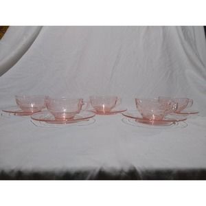 Etched floral pink depression glass teacup and saucer set (set of 4)